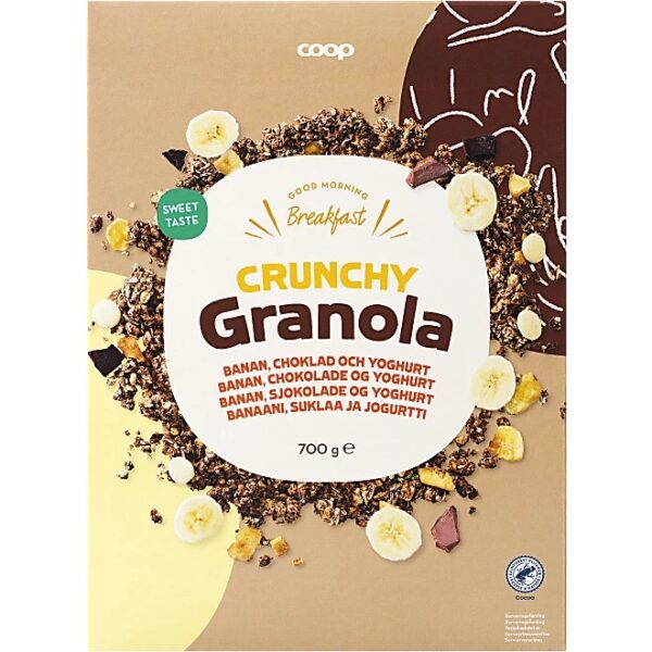 schwedische Lebensmittel Granola Müsli Bananen Schokolade Crunchy Banan Choklad Coop