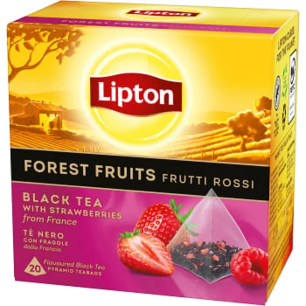 schwedische Lebensmitte Tee Tea Te Lipton Black Tea schwarzer Tee Forest fruit Pyramidenbeutel rote beret erdbeeren himbeeren Schwarztee