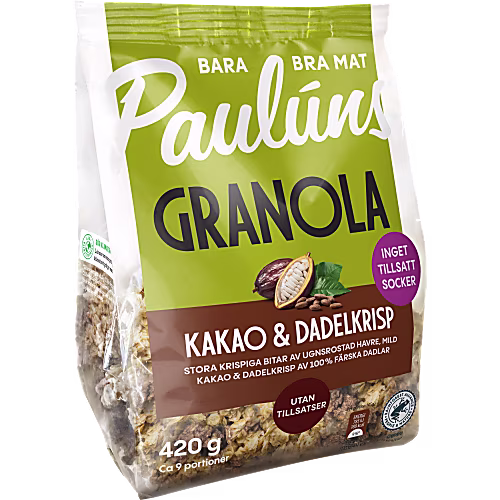 Schwedische und finnische Lebensmittel online kaufen 20 pauluns granola Kakao Dadelkrisp myeatnordic